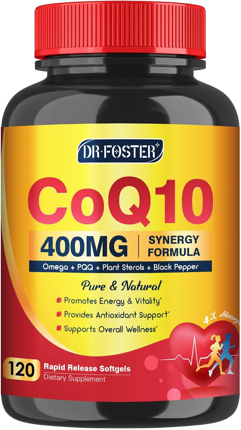 DRFOSTER CoQ10 400mg Softgels, PQQ, MCT & Omega 3-6-9, 120 Days Supply | With Vitamin E & Plant Sterols, Black Pepper, High Absorption, Gluten-Free, Allergen-Free, Brain & Energy, Co Q 10 Supplement