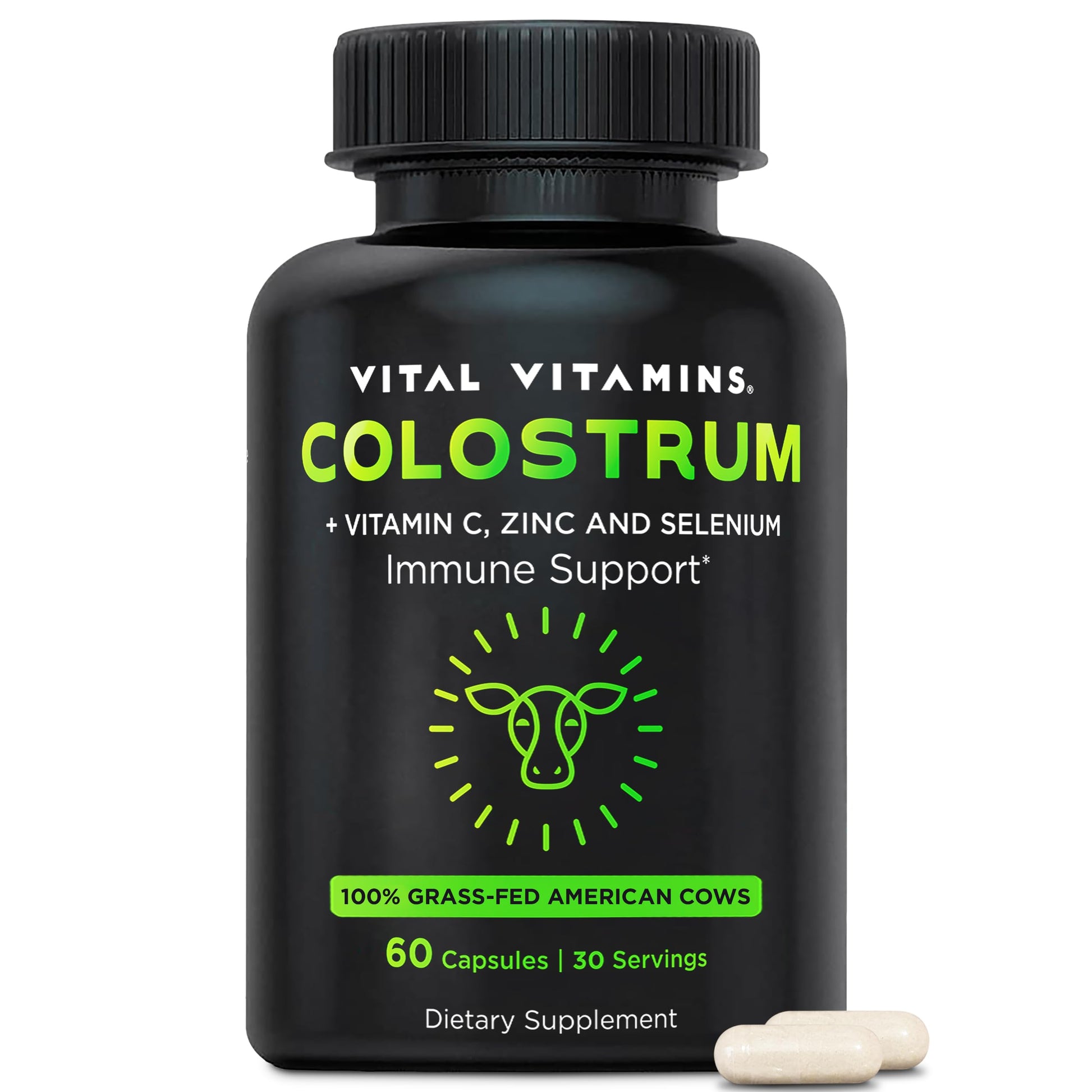 Vital Vitamins Colostrum Supplement - Vitamin C, Zinc, & Selenium - from First Milking - Standardized to Contain 10% IgG Immunoglobulins - Grass-Fed American Cows - 60 Capsules Vital VitaminsBuy Supplements Australia