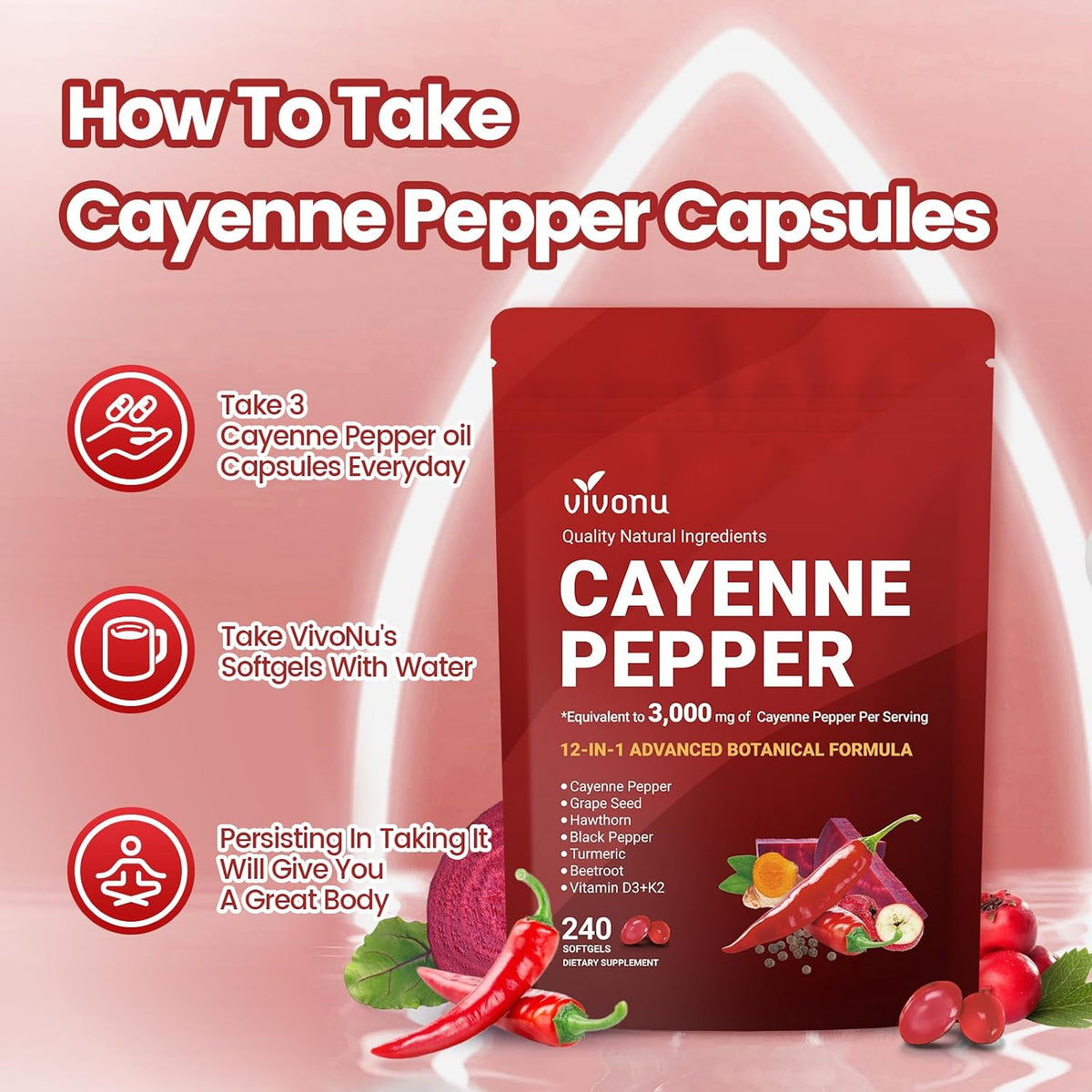 VivoNu Cayenne Pepper Softgels Supplement with Vitamin E D3+K2 and Extracts of Grape Seed, Hawthorn, Beetroot, Berberine and Others, Supports Leg Vein, Heart and Blood Vessel Health