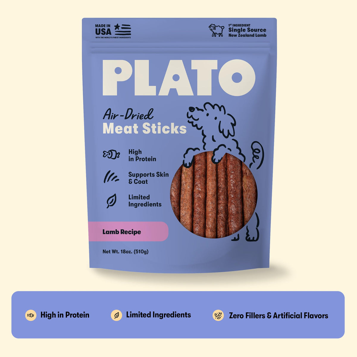 Plato Meat Sticks Salmon Dog Treats, Air-Dried High-Protein Soft Chews with Omega Fish Oil (EPA & DHA), 10 oz