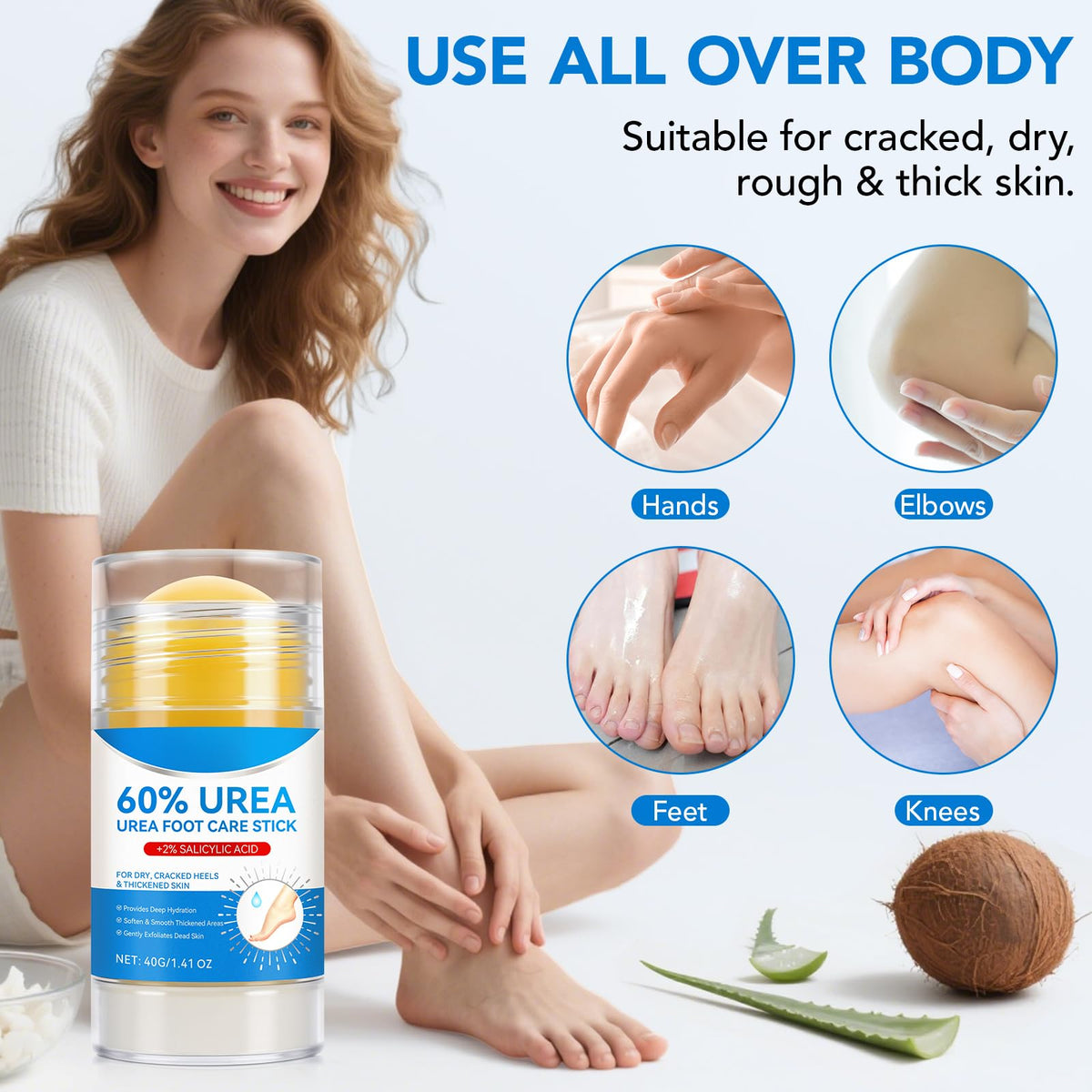 Urea Foot Cream Stick, 60% Urea Cream with 2% Salicylic Acid Foot Care Stick Moisturizer for Dry Cracked Heels, Knees, Hands, Moisturizes & Hydrates Dry Skin, Callus Remover & Skin Softener 1.41 oz