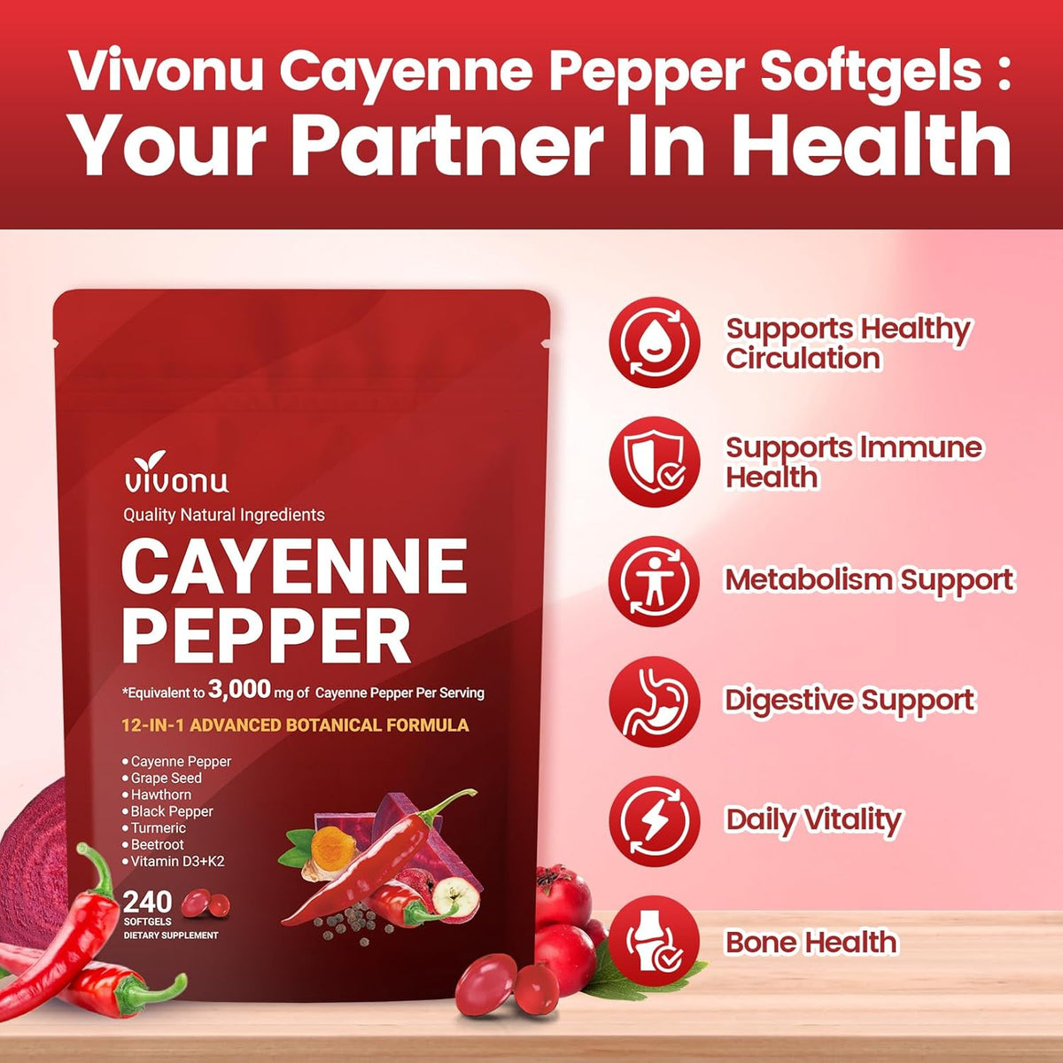 VivoNu Cayenne Pepper Softgels Supplement with Vitamin E D3+K2 and Extracts of Grape Seed, Hawthorn, Beetroot, Berberine and Others, Supports Leg Vein, Heart and Blood Vessel Health