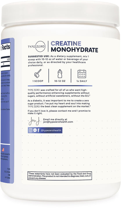 Type Zero Creatine Monohydrate Powder (Unflavored) 500 Grams, Micronized | 5000mg Per Serving, Zero Sugar, Keto Friendly & Gluten-Free, 100 Servings