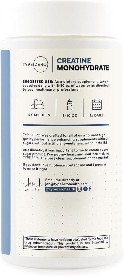 Type Zero Clean Creatine Monohydrate Capsules (3,000mg) 200 Count | Pure Micronized Creatine Supplement, 50 Servings