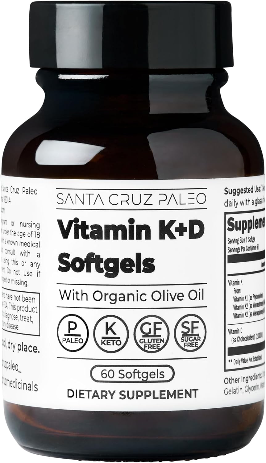 Santa Cruz Paleo Vitamin K2 + D3 Softgels, Daily Supplement with Organic Olive Oil, Includes Vitamin K1 & Two Forms of K2, Supports Heart & Bone Health, Gluten Free, Sugar Free, Paleo, Keto, 60 Count