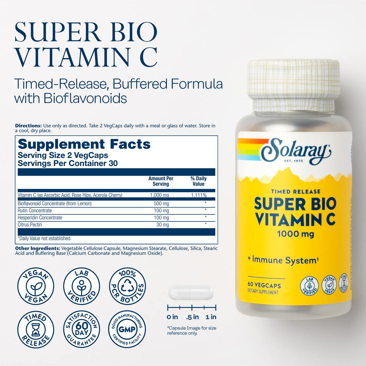 SOLARAY Super Bio Vitamin C 1000mg, Buffered, Two-Stage Timed Release with Bioflavonoids, Immune Support Supplement, High Absorption, Vegan, 60-Day Guarantee – 250 VegCaps