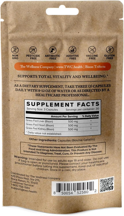 Bison Trifecta, 100% Grass-Fed Freeze-Dried Organs for Skin & Energy, 90ct