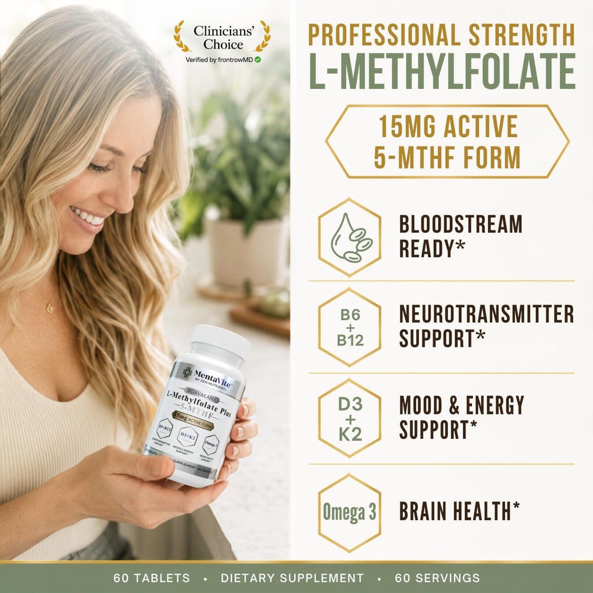 L-Methylfolate 15 mg Liposomal Matrix - Active 5-MTHF with Methylcobalamin (B12), B9, Omega 3, D3 + K2 - Methyl Folate Supplement Supports Mood, Methylation, Cognition, Vegan, 60 Tablets/Servings