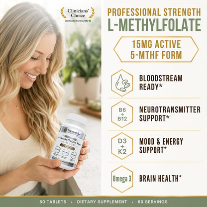 L-Methylfolate 15 mg Liposomal Matrix - Active 5-MTHF with Methylcobalamin (B12), B9, Omega 3, D3 + K2 - Methyl Folate Supplement Supports Mood, Methylation, Cognition, Vegan, 60 Tablets/Servings