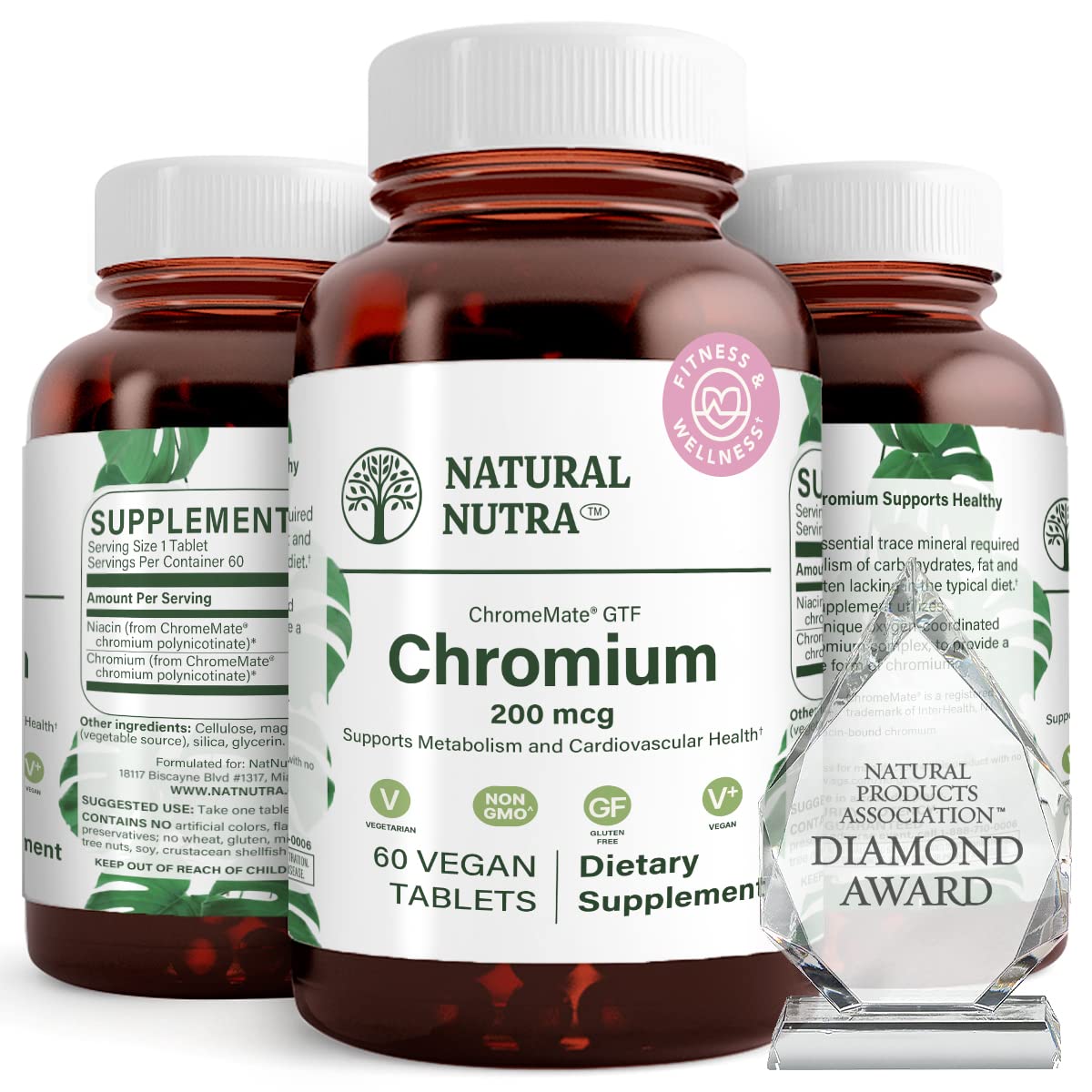 Natural Nutra GTF Chromium Polynicotinate with ChromeMate, Supports Body Metabolism, Support Heart Health, Maintain Body Fat Level, Improve Digestion, Cardiovascular Health, 200 mcg, 120 Vegan Tablets