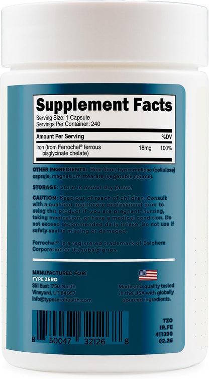 Type Zero Iron Chelate (18mg) 240 Capsules, Gluten-Free, GMO-Free | From Ferrochel Ferrous Bisglycinate Chelate