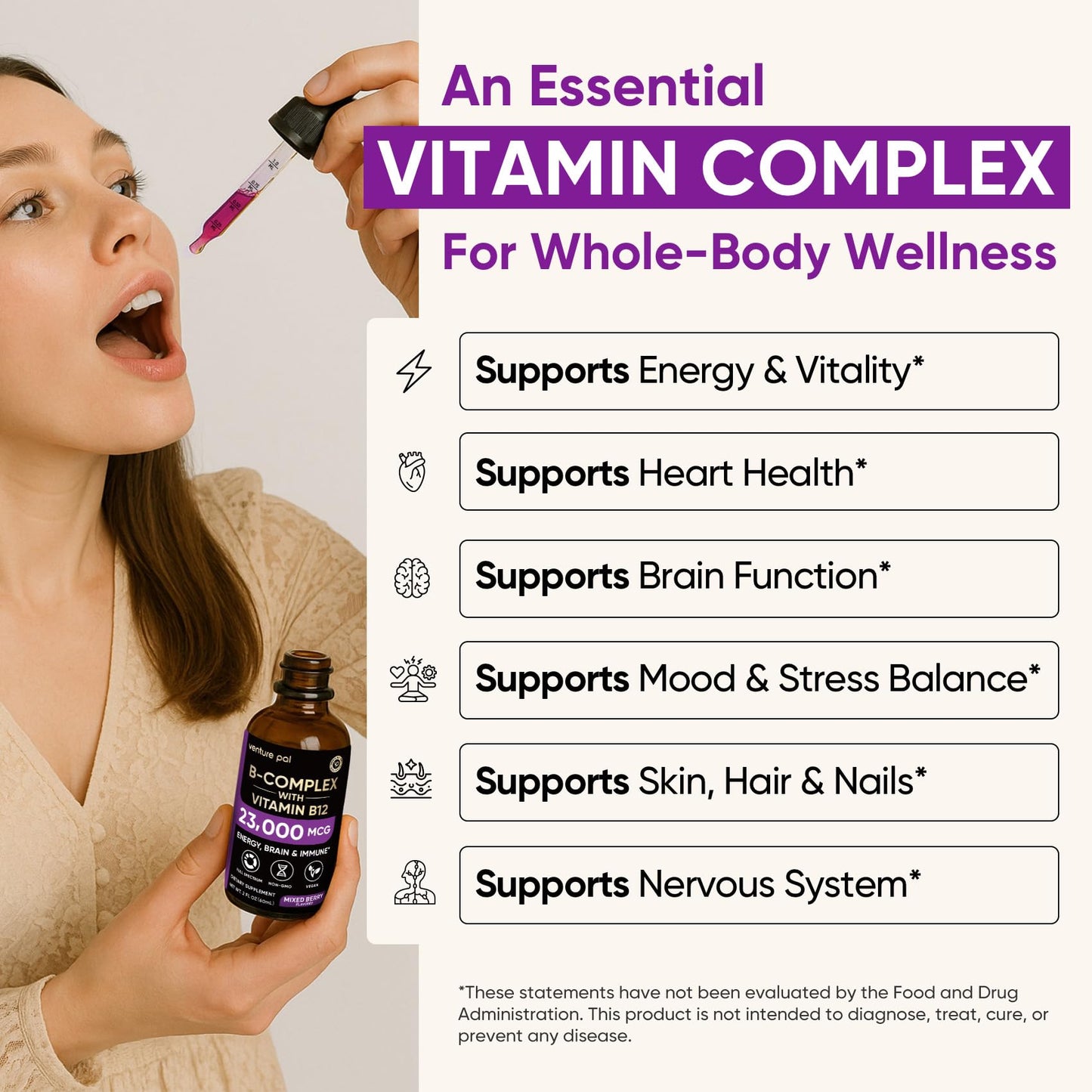 Venture Pal Vitamin B Complex Liquid Drops, B12 Methylcobalamin | B9 Folic | B1,B2,B3,B5,B6,B16 - Vitamin C, Choline, Inositol
