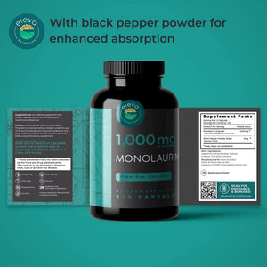 Monolaurin 1000mg Capsules — Made with Pure Glycerol and Lauric Acid from Raw Coconut — Natural Vegans- Non-GMO and Soy Free — 240 Capsules Eleva Nutrition buy supplements Au