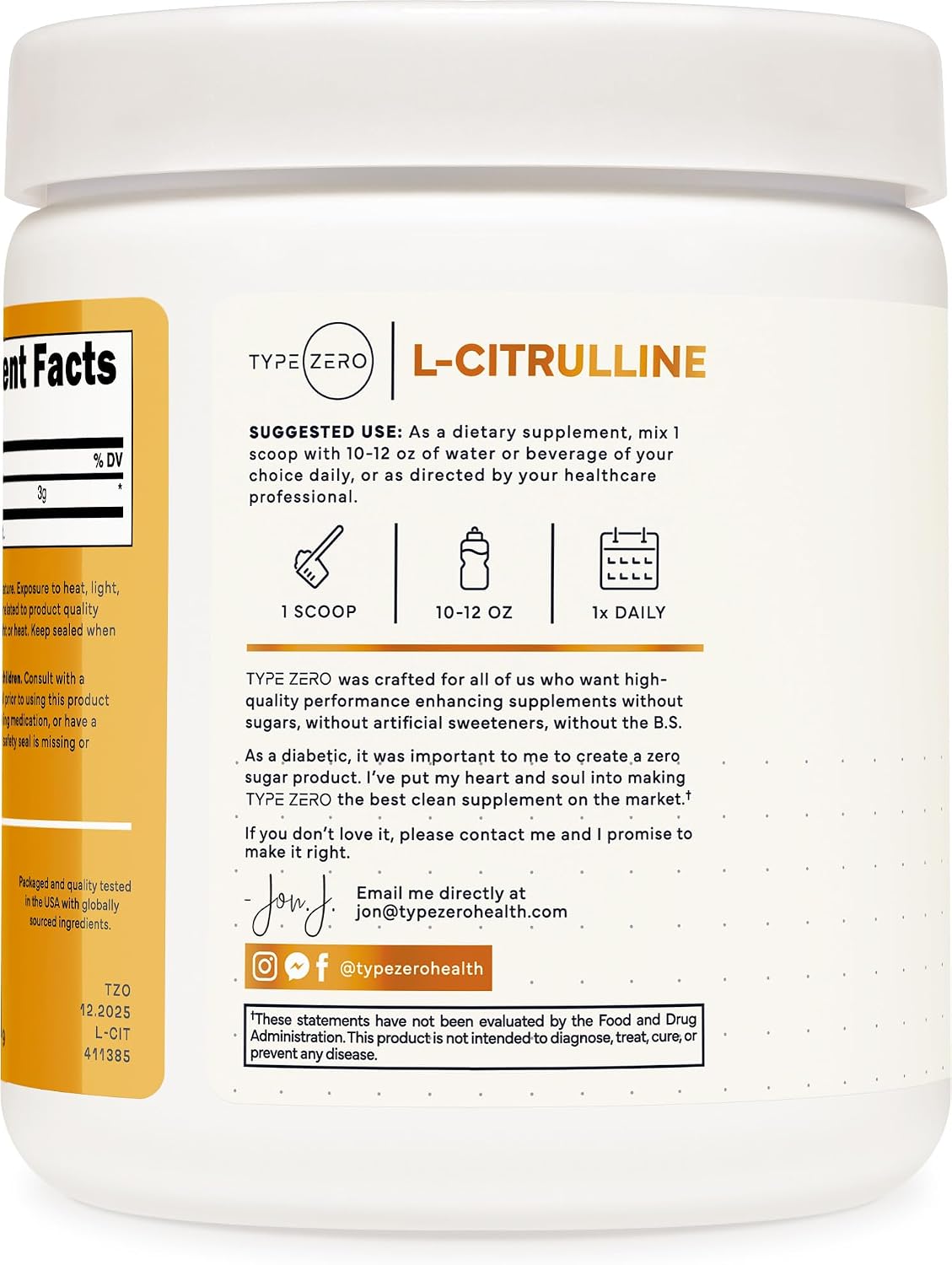 Type Zero L-Citrulline Powder, 3000mg Pump Pre Workout, 100 Servings