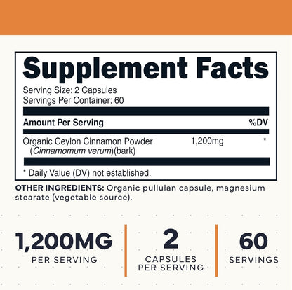 Type Zero Ceylon Cinnamon (1200mg) 120 Capsules, Gluten-Free, GMO-Free | Organic Cinnamon Bark Supplement, Natural