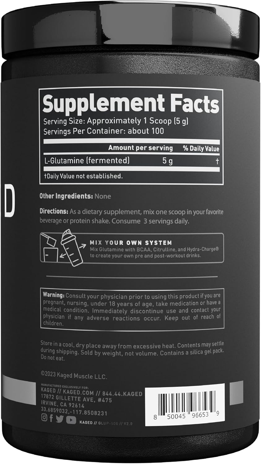 Kaged Muscle, L-Glutamine Powder 500 Gram, Vegan, Support Muscle Recovery, Post Workout, Glutamine, Banned-Substance Free, Unflavored, 100 Servings