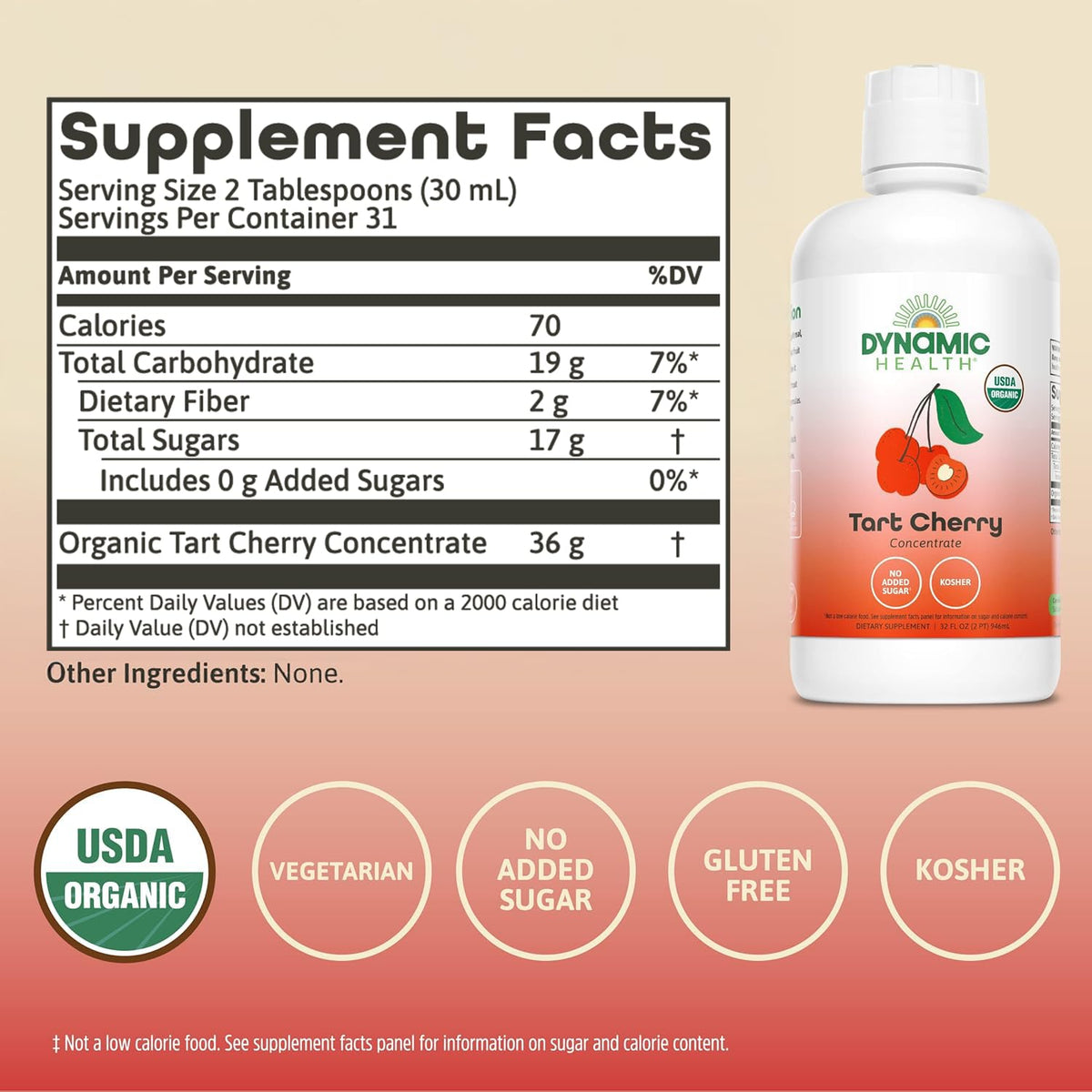 Dynamic Health Organic Tart Cherry Juice, Unsweetened 100% Juice Concentrate, Antioxidants Supplement, No Sweeteners or Additives, Vegan, Gluten Free, BPA Free (32oz)