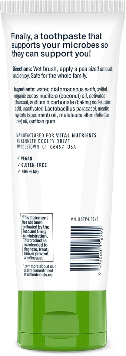 Vital Nutrients Hyperbiotics Activated Charcoal Probiotic Toothpaste | Supports Healthy Mouth Flora, Fresher Breath, Whiter Teeth | Spearmint Flavor | Non-GMO | Gluten, Dairy, Soy Free | 4 oz