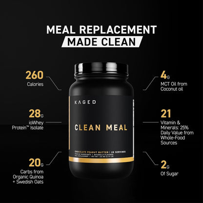 Kaged Clean Meal Powder | Chocolate Peanut Butter | Meal Replacement Shake | Whey Protein Isolate | Clean Carbs, MCT Oil Fats, Organic Vitamins and Minerals | Supplements for Men & Women | 20 Servings
