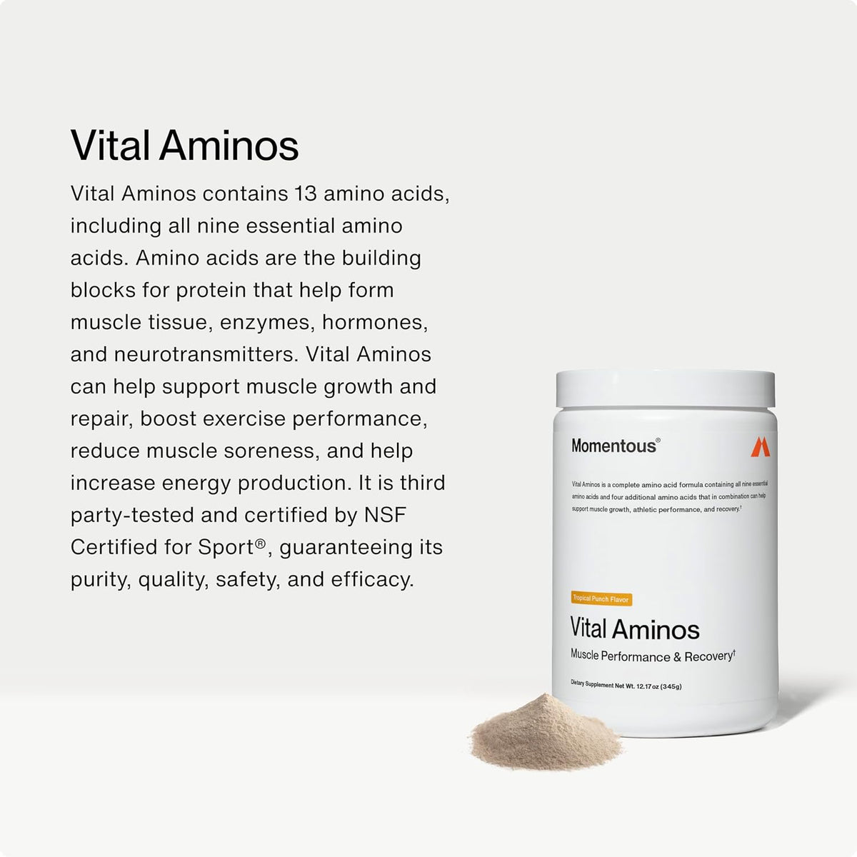 Momentous Vital Aminos Powder Supplement - BCAA & EAA - Tropical Punch - NSF Certified for Sport - GMO- & Gluten-Free - 30 Servings - Package May Vary