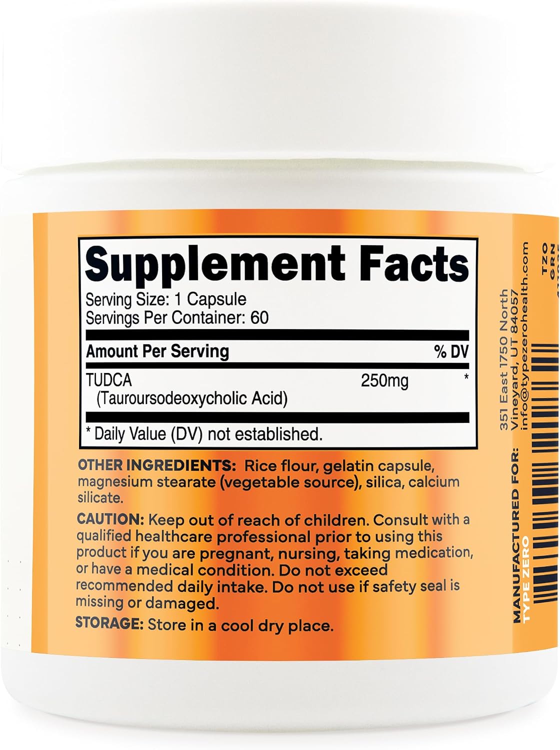 Type Zero Clean TUDCA (250mg) 60 Capsules, 60 Servings | Pure Tauroursodeoxycholic Acid Supplement, Bile Salt Derivative