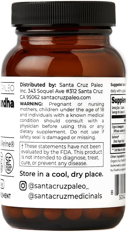 Santa Cruz Paleo Ashwagandha Capsules, 600mg Ashwagandha Root per Capsule, Gluten Free, Keto, Sugar Free, Paleo, Supports Energy, Focus, and Relaxation, BioPerine for Fast Absorption, 60 Capsules
