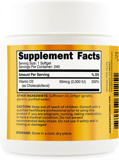 Type Zero Vitamin D3 2000 iu, 240 Softgels - Non-GMO & Gluten Free