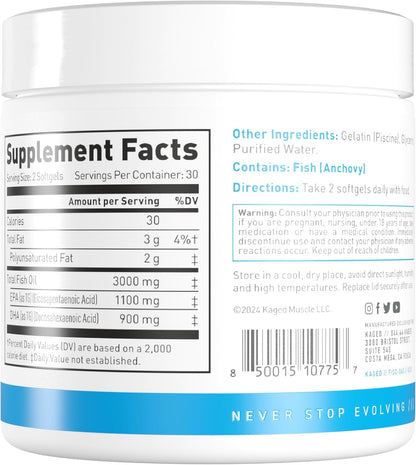 Kaged Omega 3 Fish Oil Supplement | 3000mg Omega 3 Fatty Acid with EPA & DHA | Ultra-Pure | No Fish Burps | 60 Pills