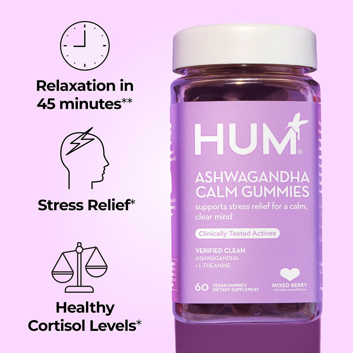 HUM Calm Ashwagandha Gummies with L-Theanine, Mixed Berry, 60 Count
