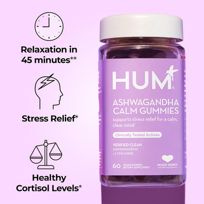 HUM Calm Ashwagandha Gummies with L-Theanine, Mixed Berry, 60 Count