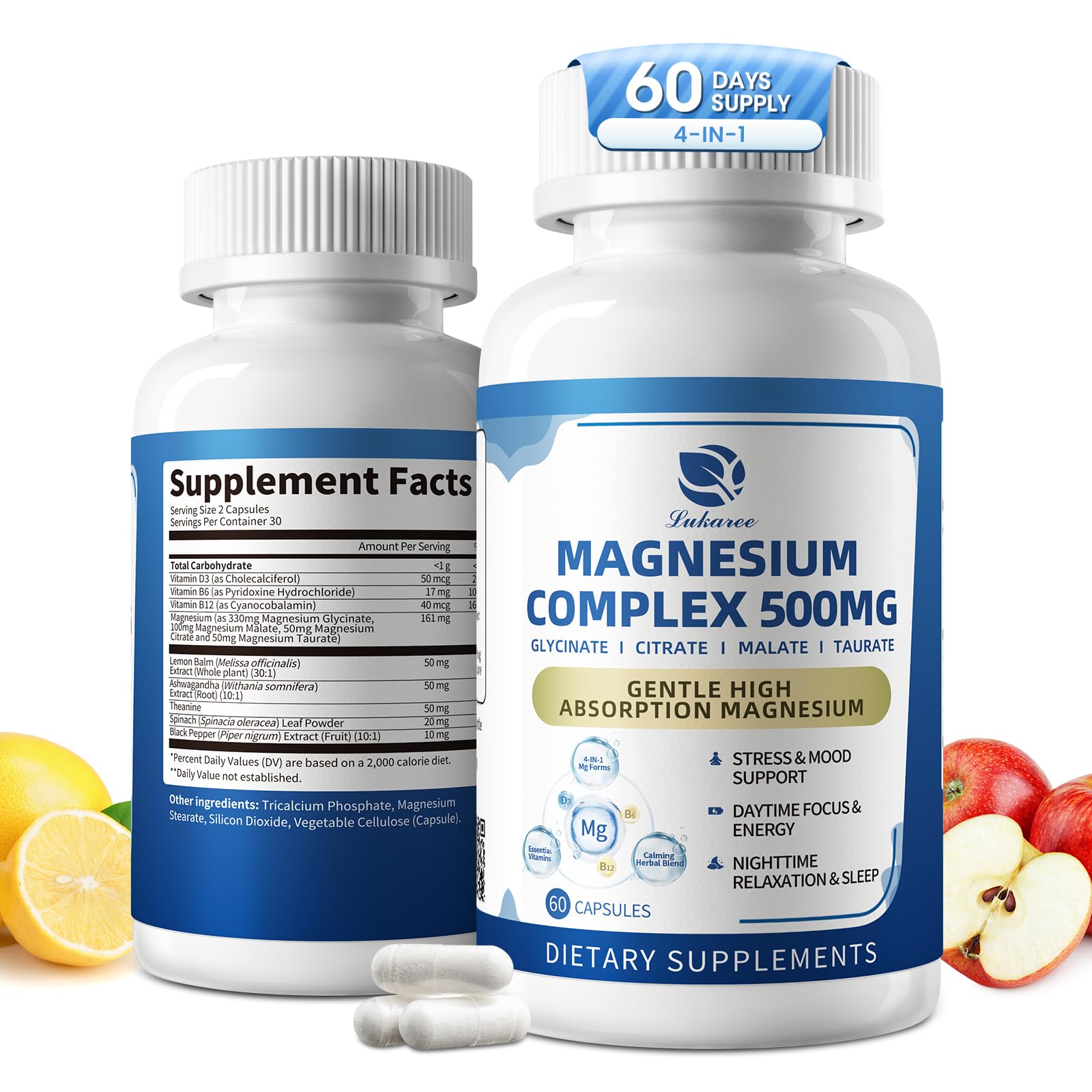 Two bottles of magnesium supplements with lemon, apple, and multivitamin ingredients on a white background