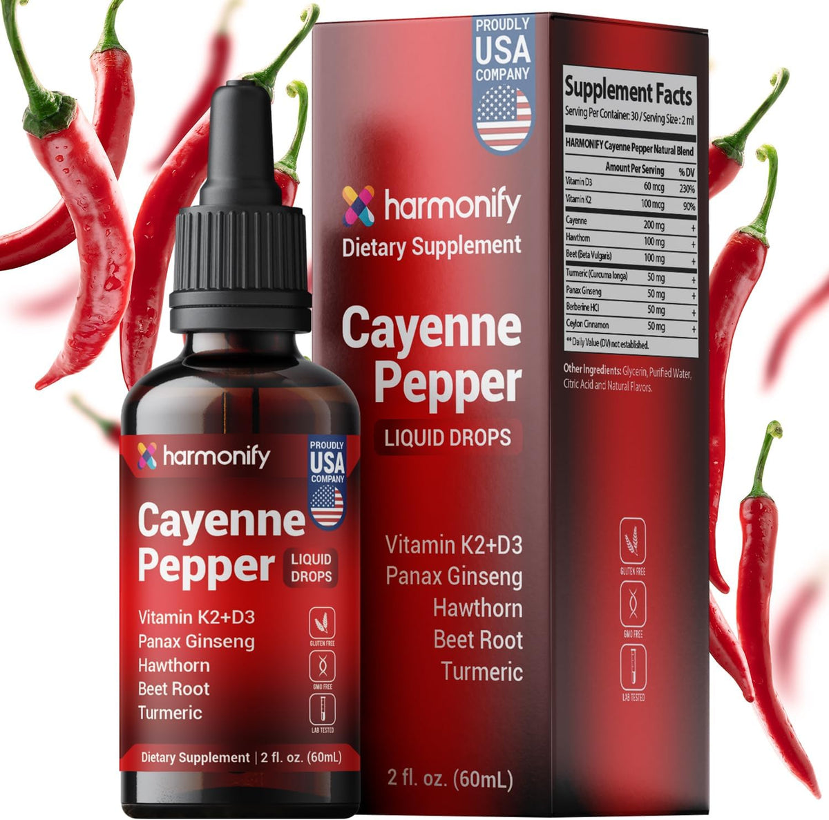 Cayenne Pepper Liquid Drops with Vitamin D3 & K2, Hawthorn, Beet Root, Turmeric, Panax Ginseng, Berberine & Ceylon Cinnamon - Quality Supplement for Daily Wellness - 2 fl oz (60mL)
