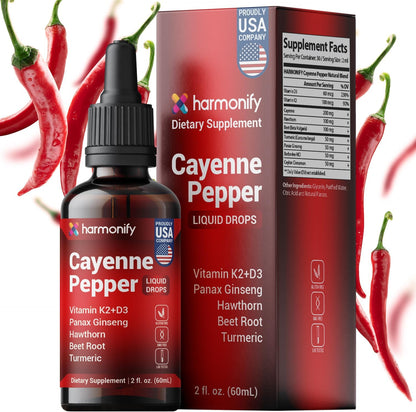 Cayenne Pepper Liquid Drops with Vitamin D3 & K2, Hawthorn, Beet Root, Turmeric, Panax Ginseng, Berberine & Ceylon Cinnamon - Quality Supplement for Daily Wellness - 2 fl oz (60mL)