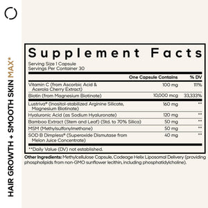 Codeage Hair Growth + Smooth Skin Max Vitamins Supplement - Patented Lustriva & SOD B Dimpless Superoxide Dismutase - Hair Growth Health Skin Cellulite Support - Biotin, Vitamin C, MSM - 30 Capsules CodeageBuy Supplements Australia