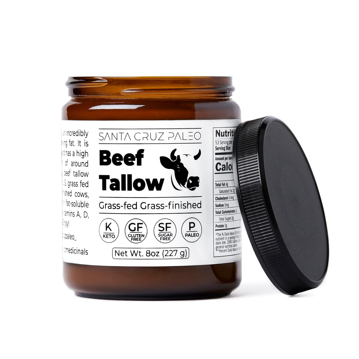 Santa Cruz Paleo Beef Tallow for Cooking, 100% Grass Fed and Finished, Gluten Free, Keto, Sugar Free, Paleo, With Vitamin D, E, K, B1, A, Fatty Acids, 8 Oz