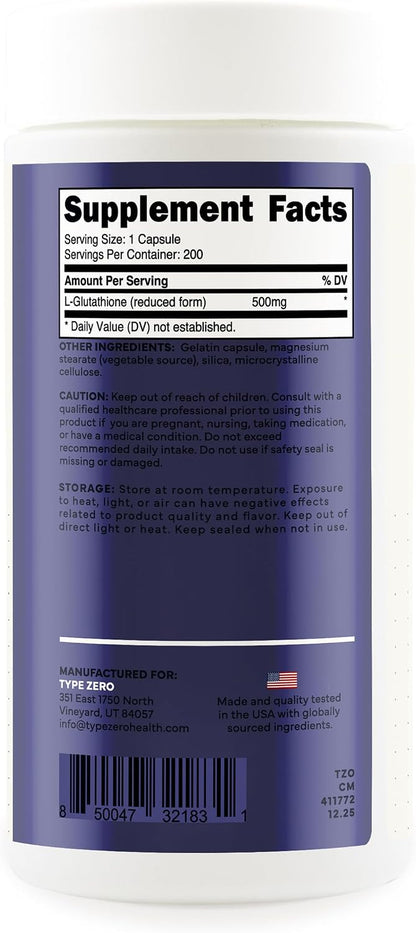 Type Zero Clean Glutathione (500mg) 200 Capsules, Reduced Form, Gluten-Free | GMO-Free