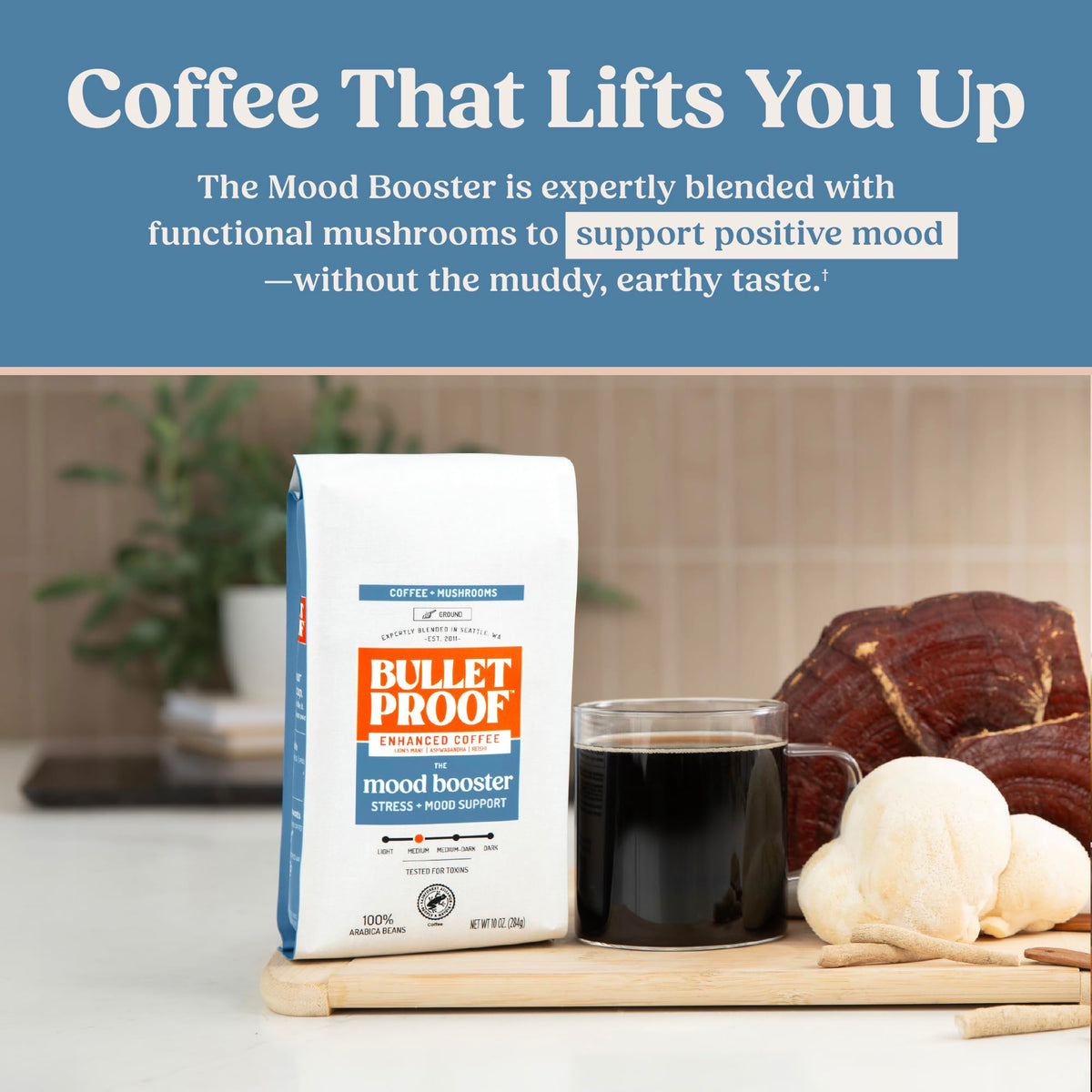 Bulletproof High Achiever Mushroom Coffee Grounds with Lion's Mane, B Vitamins & Adaptogens, Energy and Focus, Medium-Dark Roast, 10 oz