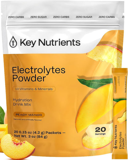 KEY NUTRIENTS Electrolytes Powder Bundle, Variety Pack 10 Count Packets + Tropical Peach Mango 20 Count Packets, Sugar Free Hydration Travel Drink Mix with Vitamins & Minerals, No Calories