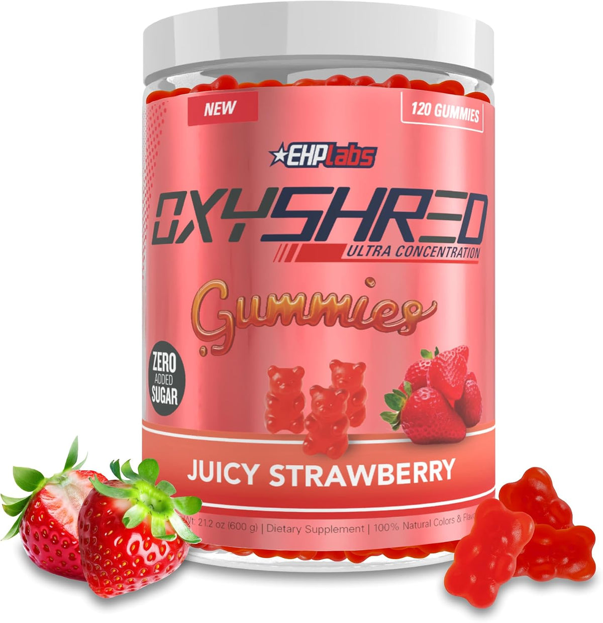 EHP Labs OxyShred Pre Workout Energy Gummies, Strawberry, 60 Servings | 100mg Natural Caffeine, 1000mg L-Carnitine, Vegan & Halal Friendly, No Artificial Colors, Zero Aspartame, HPLC Tested