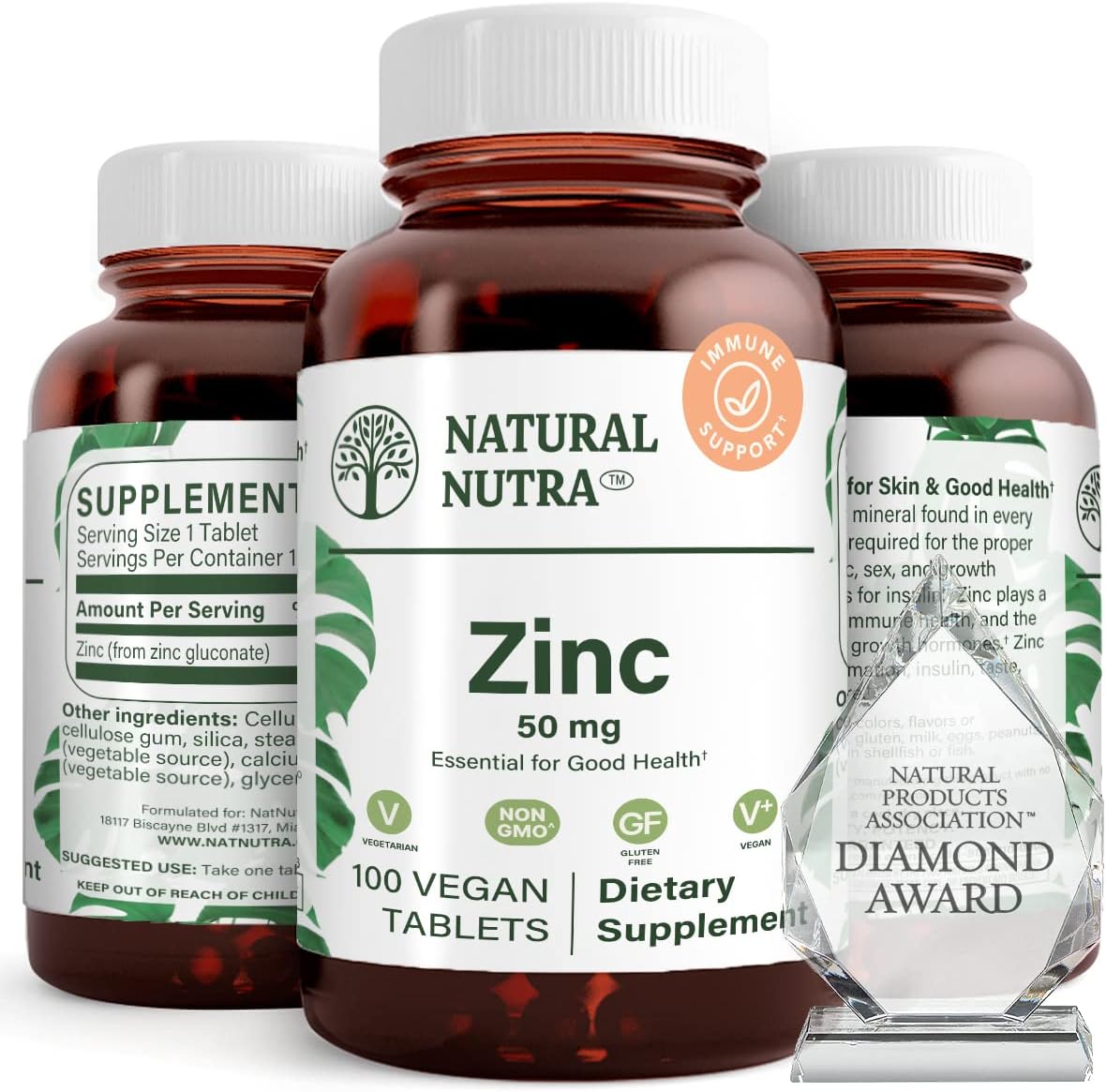 Natural Nutra Zinc Gluconate 50mg Supplement for Immune Support, Promotes Skin Health, Provides Ease From Flu & Cold, Boost Learning & Memory, Enhance Taste & Smell, Gluten Free 50mg 100 Vegan Tablets