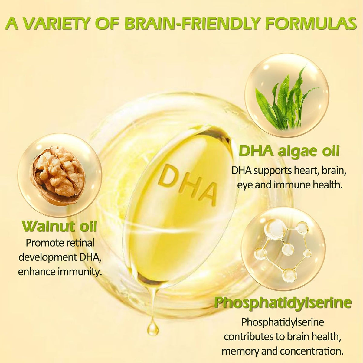 OMOGS Algae DHA - 600 mg Omega-3 DHA Softgels, with Phosphatidylserine & Walnut Oil, Supports Healthy Brain Function, Vision, Eye & Memory, Gluten Free, Non-GMO, 90 Softgels