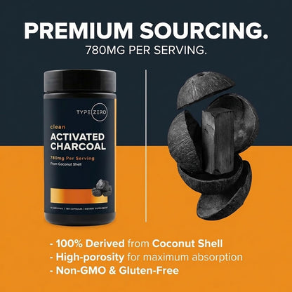 Type Zero Activated Charcoal (780mg) 180 Capsules, 60 Servings, Gluten-Free | From Coconut Shell, GMO-Free
