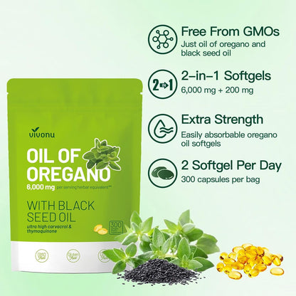 VivoNu Oil of Oregano Capsules, Balanced Oil of Oregano with Black Seed Oil, Organic OreganoOil Softgels,Carvacrol,Thymoquinone, Non-GMO (600pcs/2Bags)