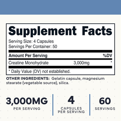 Type Zero Clean Creatine Monohydrate Capsules (3,000mg) 200 Count | Pure Micronized Creatine Supplement, 50 Servings