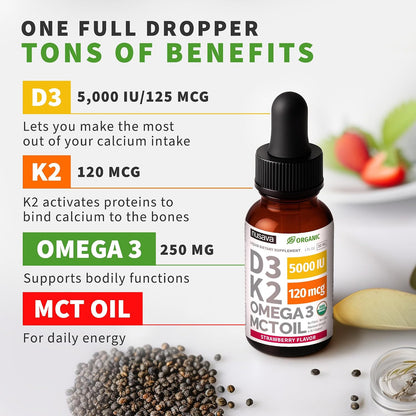 (2-Pack) Vitamin B12 and B6 Methylcobalamin Liquid Drops (Strawberry) with (2-Pack) Vitamin D3 K2 Drops Bundle, B12 5000 mcg Sublingual, D3 5000 IU with MCT Oil and Omega 3 (Strawberry) 2 Fl Oz
