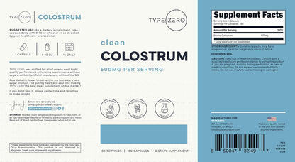 Type Zero Colostrum Supplement (500mg) 180 Capsules, Bovine Sourced | Gluten-Free, GMO-Free
