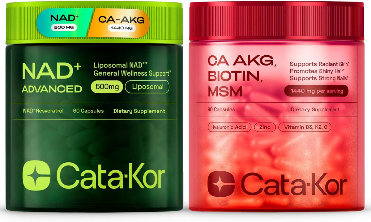 Cata-Kor NAD+ Supplement & Ca-AKG Complex - Liposomal NAD+ Supplement with Resveratrol (60 Capsules) & Ca-AKG, MSM, Hyaluronic Acid & Biotin Beauty Complex (90 Capsules)