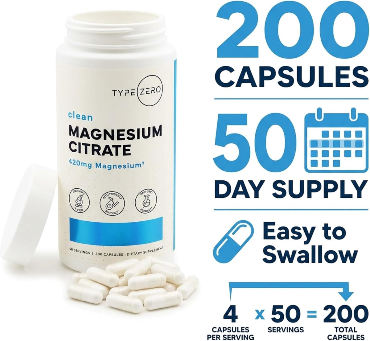 Type Zero Clean Magnesium Citrate (420mg) 200 Capsules, Gluten-Free | Pure Magnesium Citrate Supplement, GMO-Free, 50 Servings