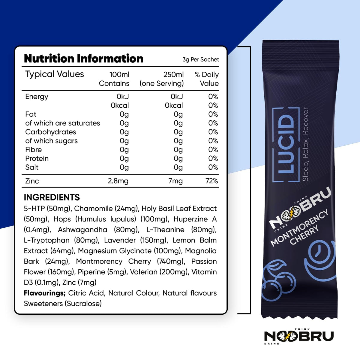 Noobru Lucid Nootropic Sleep Powder Drink for Deep Quality Dream Sleep with Magnesium, Ashwagandha, Valerian, Lemon Balm and Vitamin D for Deep, Quality Sleep, Stress and Restoration.