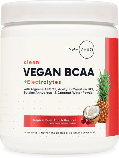 Type Zero Ultra Clean Vegan BCAA Powder + Electrolytes Tropical Fruit Punch | 6g Per Serving, 2:1:1 Sugar-Free, No Sucralose, BCAAs Amino Acids Supplement, After Workout Drink, 30 Servings